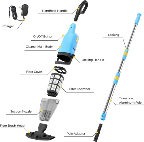 Miniatura 9 de Aspiradora inalámbrica para piscina sobre el suelo, aspiradora de piscina recargable con poste telescópico de 69 pulgadas, succión de 20 GPM, tiempo