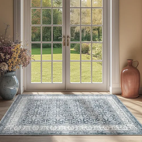 Miniatura 210 de Jinchan Fiora - Alfombra redonda de 8 pies, alfombras vintage con diseño floral envejecido, lavable a máquina, antideslizante, de pelo bajo, Azul