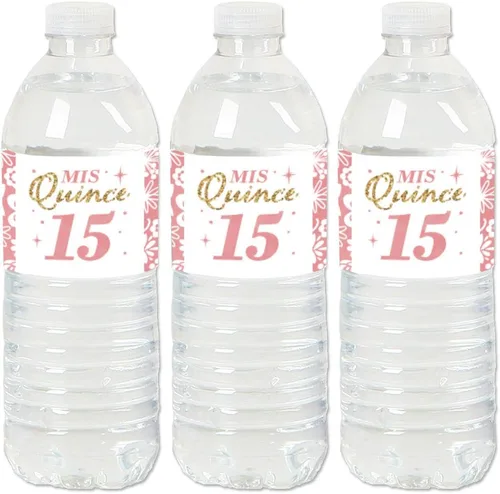 Big Dot of Happiness Mis Quince Anos - Etiquetas adhesivas para botella de agua para fiesta de cumpleaños de 15 años, juego de 20