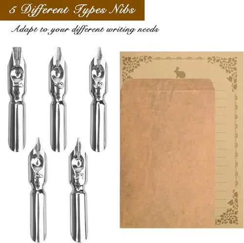 Miniatura 4 de Juego de bolígrafo y tinta, juego de bolígrafos de caligrafía con sello de cera, tinta, puntas de repuesto, cuchara, papel de carta de sobre, cera