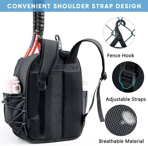 Miniatura 6 de Mochila de Tenis con Soporte para 2 Raquetas, Bolsa de Raqueta de Tenis de Cuero PU Resistente al Agua para Mujeres y Hombres, Mochila Deportiva