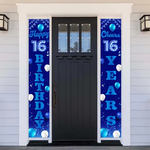 Cartel de feliz cumpleaños número 16, color azul y negro, decoración temática de globos de confeti para niñas de 16 años, decoraciones de fiesta de
