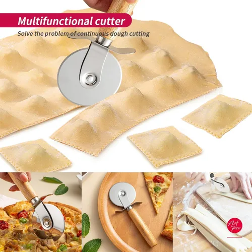 Miniatura 3 de ARTPICO - Juego de 5 ruedas para hacer pasta, mango de madera, borde acanalado para ravioles, cortador de prensa de pastelería, lasaña, Pierogi