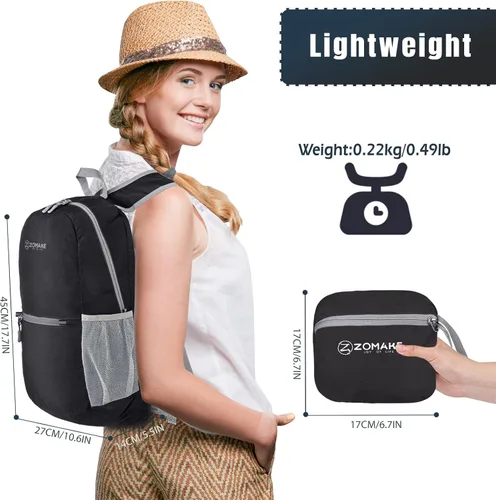Miniatura 2 de ZOMAKE Mochila ultra ligera y compactable Mochila de senderismo resistente al agua, Mochila pequeña Mochila de camping al aire libre plegable y Negro