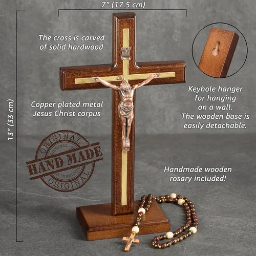 Miniatura 3 de Asterom Crucifijo de San Benito hecho a mano - Cruz de madera de mesa con soporte desmontable - Crucifijo católico de pie único