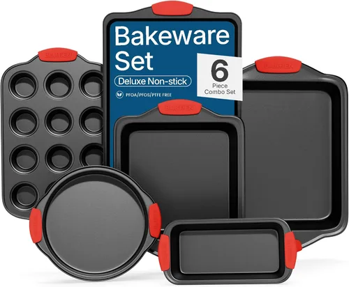 Set de utensilios de horno BAKKENMASTER – 6 piezas para cocina – Revestimiento antiadherente negro de lujo interior y exterior – Acero al carbono –