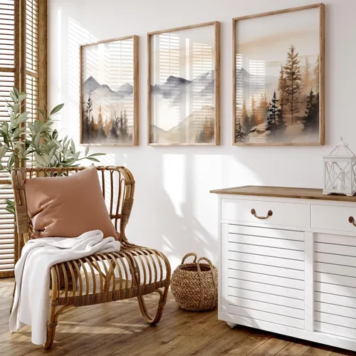Decoración de pared de montaña neutral Arte de pared de set de 3 lienzos de bosque Arte de pared de paisajes Arte de pared moderno Cuadros
