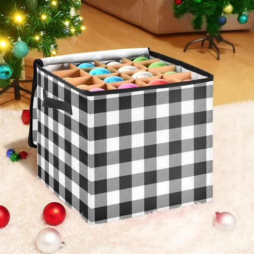 Miniatura 5 de Cesta de almacenamiento para adornos de Navidad, búfalo a cuadros, negro y blanco, contenedor de almacenamiento de invierno con separadores