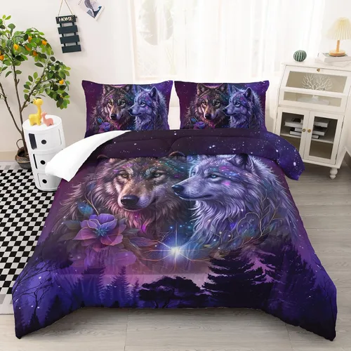 Miniatura 12 de AILONEN Juego de edredón con cabeza de lobo impresa tamaño individual, juego de ropa de cama de lobo para la noche para niños y hombres, juego