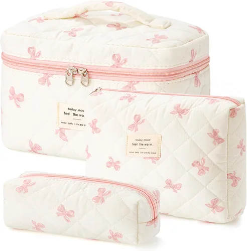 Miniatura 35 de HBselect Bolsa de maquillaje acolchada, 3 piezas de algodón grande, bolsa de maquillaje de viaje, bonita bolsa de maquillaje floral de coqueta