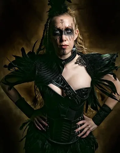 Miniatura 2 de L'VOW Abrigo de plumas negras para mujer, con cuello de encaje, para Halloween, para mujer