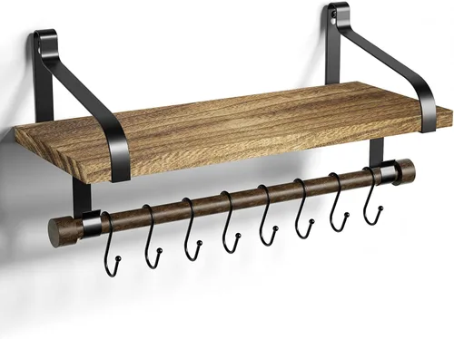 Miniatura 8 de Love-KANKEI Estantería flotante de pared de madera rústica para almacenamiento, estante de especias de cocina con barra para toallas y 8 ganchos