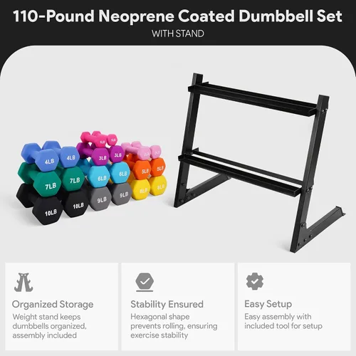 Miniatura 3 de BalanceFrom Neoprene Coated Iron Dumbbell Hex Weights Set with Stand – Color-Coded or Black Options with Non-Slip Grip for Strength Training