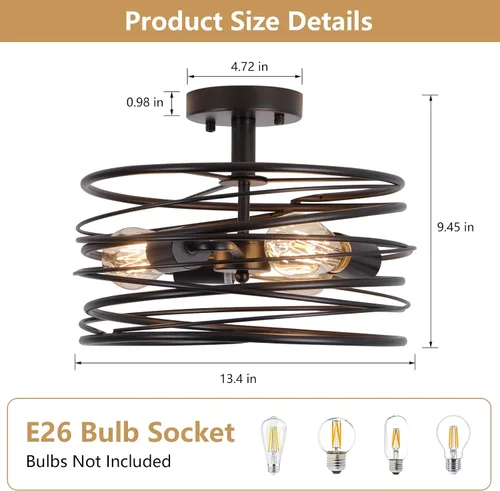 Miniatura 5 de Lámpara de techo de 3 luces rústica en forma de tambor, lámpara colgante semiempotrada negra, candelabros de granja retro de metal tipo jaula