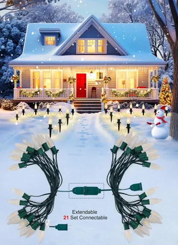 Miniatura 4 de Tira de luces LED estilo sendero de Navidad para exteriores; tira de 20 luces LED C9 con carcasa de fresa y estaca, interconectables, luz cálida