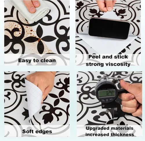 Miniatura 4 de Alow Azulejo de piso para despegar y pegar: 10 piezas de pisos de despegar y pegar en blanco y negro, impermeable, autoadhesivo, suelo de vinilo