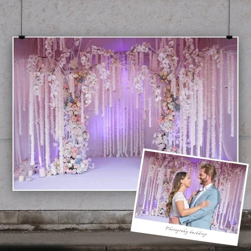 Miniatura 3 de Yeele Fondo fotográfico de ceremonia de boda de 6 x 4 pies, fondo de fotografía con flores blancas moradas, aniversario, despedida de soltera, boda
