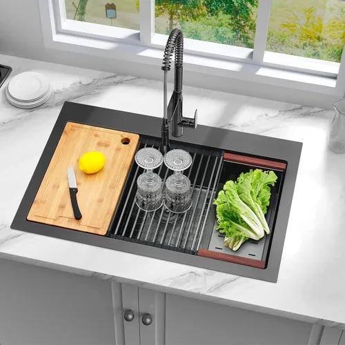 Miniatura 2 de LQS Fregadero de cocina negro con caída de 33 x 22 pulgadas, fregadero de acero inoxidable calibre 16, fregadero profundo y grande con estación