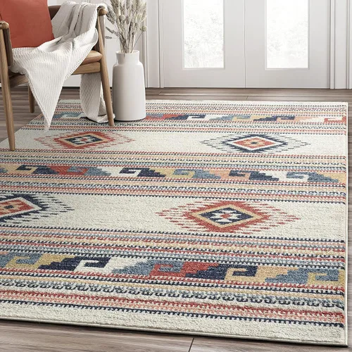 Miniatura 10 de Abani Alfombra multicolor con diseño del suroeste, alfombra de comedor con patrón tribal naranja, gris y beige que no se desprende (3 x 5 pies)