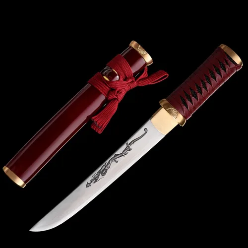 Miniatura 6 de Cuchillo de acero al manganeso 1065 hecho a mano con accesorios de cobre Rojo