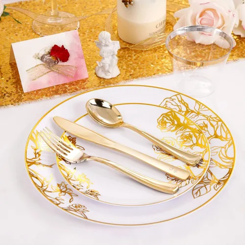 Miniatura 5 de DaYammi 210 platos de plástico dorados, vajilla desechable floral de oro blanco que incluye 30 platos llanos, 30 platos de ensalada, 30 servilletas