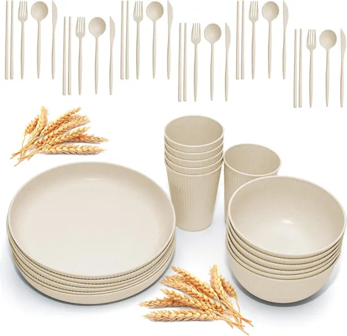 Miniatura 3 de Juego de vajilla de paja de trigo -DAPIPIK 42 piezas de vajilla irrompible para 6, juego de platos y cuencos para la cocina, juego de platos, tazas