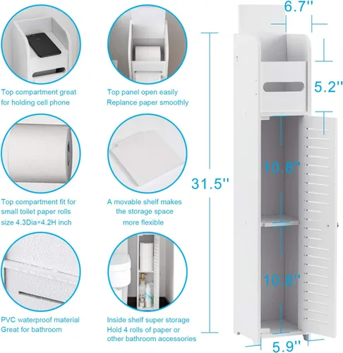 Miniatura 3 de AOJEZOR - Soporte de papel higiénico: gabinete de almacenamiento pequeño para baño para espacios pequeños, color blanco