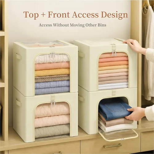 Miniatura 5 de GoMaihe Clothes Storage Bins with Metal Frame, 40L Sweater Storage Boxes for Above Shelf Closet, 4 Pack Stackable Clothing Storage Organizer with
