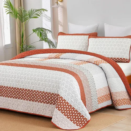Miniatura 19 de WONGS BEDDING Juego de edredón beige tamaño individual, juego de edredón de rayas bohemias de 3 piezas, juego de colcha acolchada de microfibra