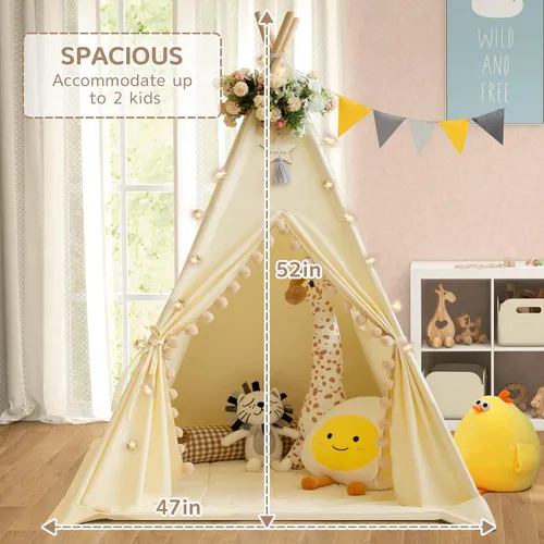 Miniatura 7 de WIRHAO Tienda de campaña tipi para niños con alfombrilla acolchada, lona de algodón, tipi con pompón para niños pequeños, tienda de campaña
