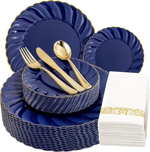 YOUBET 150 platos de plástico azul, cubiertos de plástico dorado, platos desechables de color azul marino resistentes, incluyen 50 platos, 25