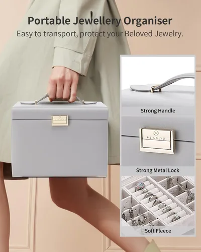 Miniatura 3 de Vlando Joyero de 4 niveles, cajas de joyería y organizadores con asa, 3 cajones de viaje con espejo, almacenamiento de joyas, aretes, collares