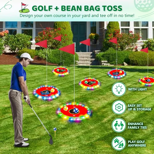 Miniatura 3 de TERRAMUS Juego de golf y lanzamiento que brilla en la oscuridad, juego de objetivos LED 2 en 1 con 2 palos, 18 bolas, 6 bolsas de frijoles, juguete