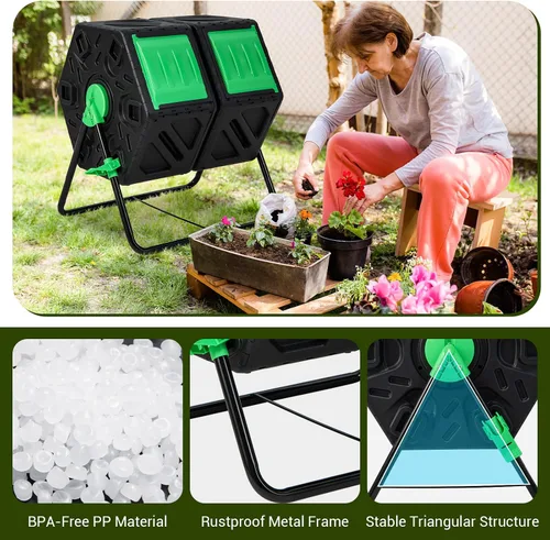 Miniatura 5 de Goplus Contenedor de compostaje, vaso de compostaje de doble cámara de 34.5 galones con 2 cámaras giratorias, puertas corredizas, compostador