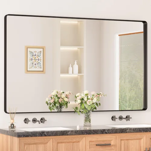 Miniatura 52 de Keonjinn Espejos de baño negros para sobre el fregadero, espejos cuadrados grandes de 36 x 36 pulgadas para pared, espejo rectangular redondeado