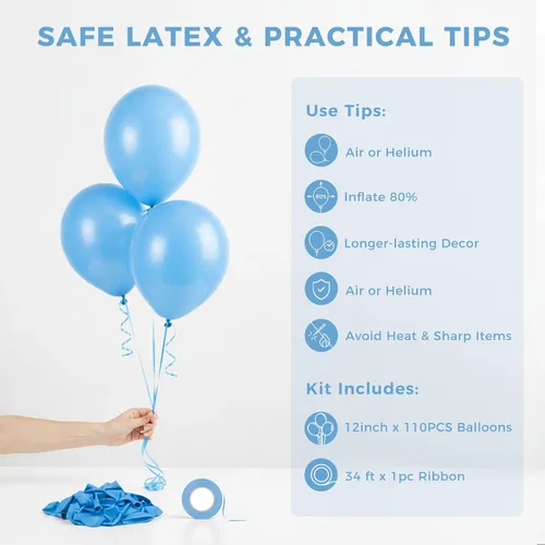 Miniatura 7 de LovesTown 110 globos de látex de 12 pulgadas con cinta para decoración de cumpleaños, baby shower, boda, fiesta, color azul (paquete de 2)