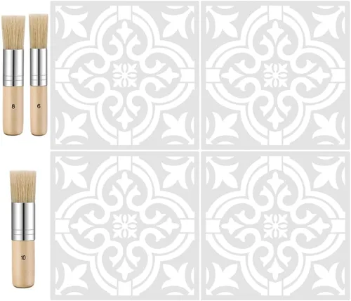 SourceTon - Juego de 7 plantillas de azulejos y pinceles de madera, plantillas de pared reutilizables de mandala de 12 x 12 pulgadas para pintar con