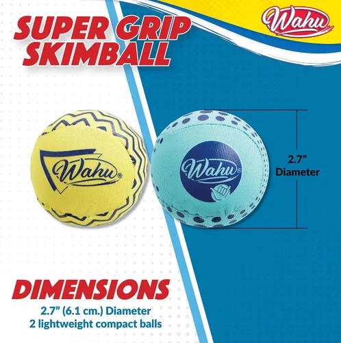 Miniatura 8 de Wahu Super Grip - Juego de 2 pelotas de skimball 100 % impermeables, para piscina y playa, salta más de 150 pies en el agua, azul/amarillo