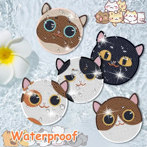 Miniatura 3 de FOWSEEK Posavasos de Pintura de Diamantes, 8 PCS Posavasos de Arte de Diamante de Gato con Soporte, Lindos Kits de Pintura de Diamantes para Adultos