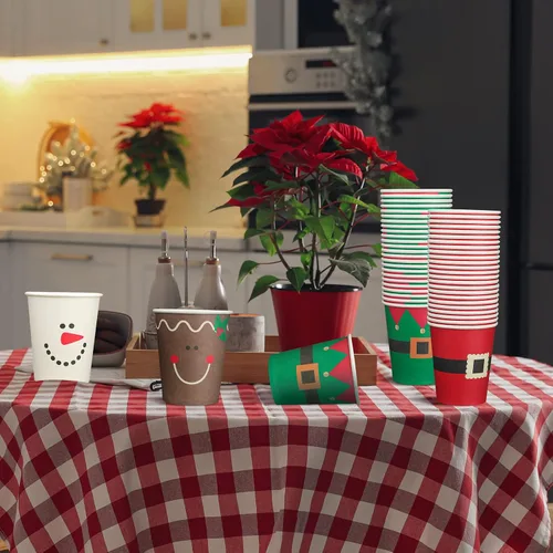 Miniatura 5 de Funtery 100 piezas de vasos de papel de Navidad, vasos de café desechables de Navidad con copos de nieve, muñeco de nieve, alce, luces, 9 onzas