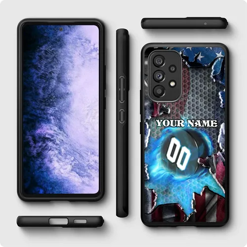 Miniatura 3 de Personalized Ice Hockey vs Name Number US Flag Decor Rubber Cover Phone Case for Galaxy America Fire