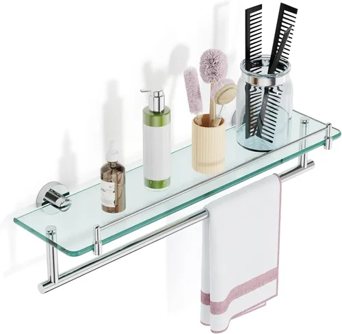 Estante de baño flotante de vidrio templado de 20 pulgadas con toallero, cromado pulido y acero inoxidable, montaje en pared Cromo Pulido