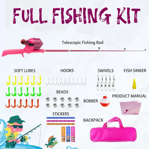 Miniatura 8 de Caña de pescar para niños, caña de pescar telescópica, caña de pescar plegable para niños y carrete con caja de aparejos, línea de pesca, flotador