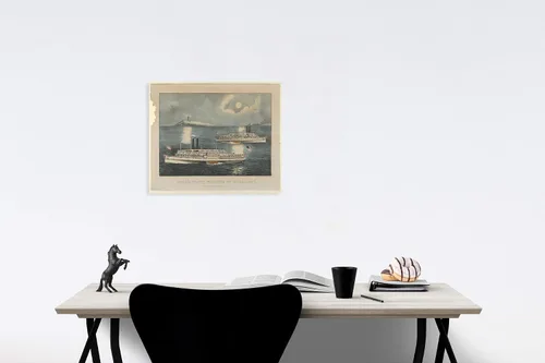 Miniatura 2 de Histórico Pictórico Art Print: Litografiado y publicado por Currier & Ives – Barcos de vapor que pasan a medianoche – On Long Island sonido
