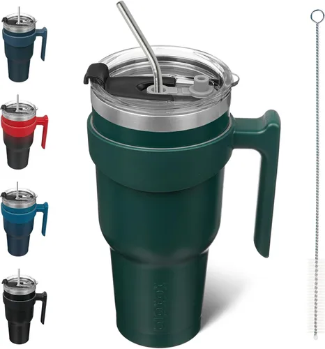 Miniatura 71 de BJPKPK Vaso con asa de acero inoxidable de 20 onzas, con aislamiento de doble pared, con tapa y pajita, color rosa claro A-rosa claro