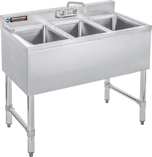 DuraSteel Fregadero de cocina comercial de 3 compartimentos, fregadero de cocina comercial NSF de acero inoxidable triple de tres bahías con grifo