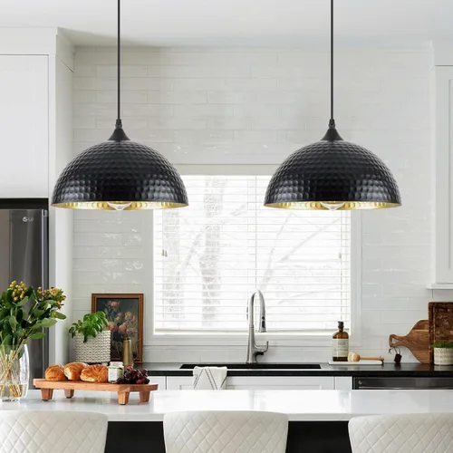 Miniatura 16 de Paquete de 2 luces colgantes doradas para isla de cocina, lámpara colgante de cúpula martillada de 12 pulgadas, luces colgantes de cocina de granja
