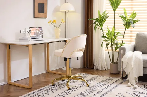 Miniatura 9 de VINGLI Silla de Oficina Pequeña de Terciopelo Moderna, Linda Silla de Escritorio con Ruedas, Base/Tachuelas Doradas, Cómoda Silla Giratoria sin Beige