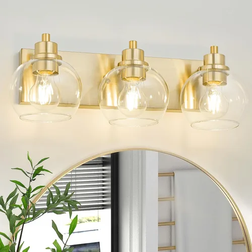 Miniatura 10 de Tuscarora Lámpara de tocador de baño de 3 luces, lámparas de baño negras y doradas, lámpara de tocador moderna con pantalla de vidrio transparente