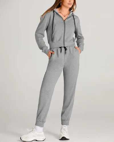 Miniatura 7 de Amkoyam Conjunto de dos piezas para mujer, de manga larga, con cremallera, sudadera con capucha y pantalones largos